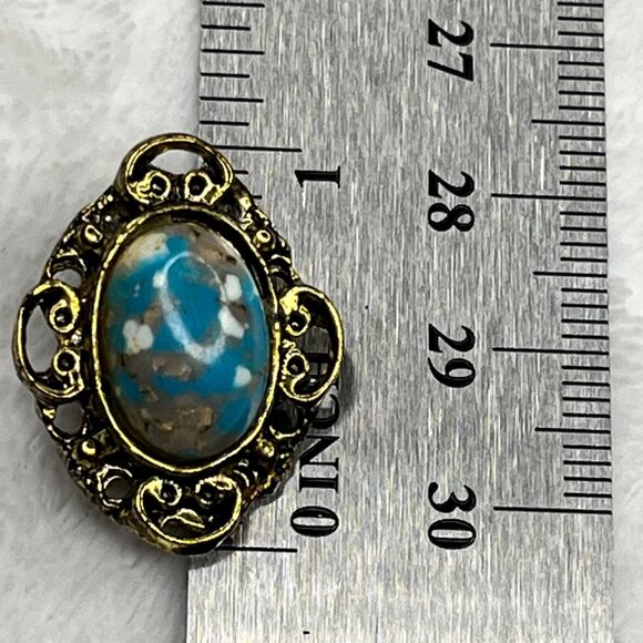 Vintage Gold Filigree Clip-On Earrings With Blue Marbled Stone - Picture 3 of 5
